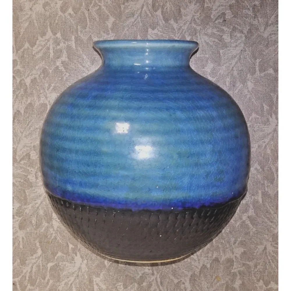 Vietnamese Vase ceramic handcrafted crackle glaze blue brown embossed flower VTG